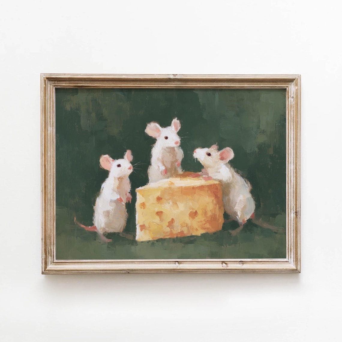 Three White Mice Cheese Wheel Whimsical Oil Painting Cute Animal Poster