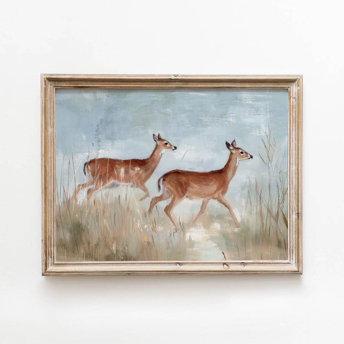 Vintage Two Deer in Misty Meadow Rustic Country Wildlife Poster