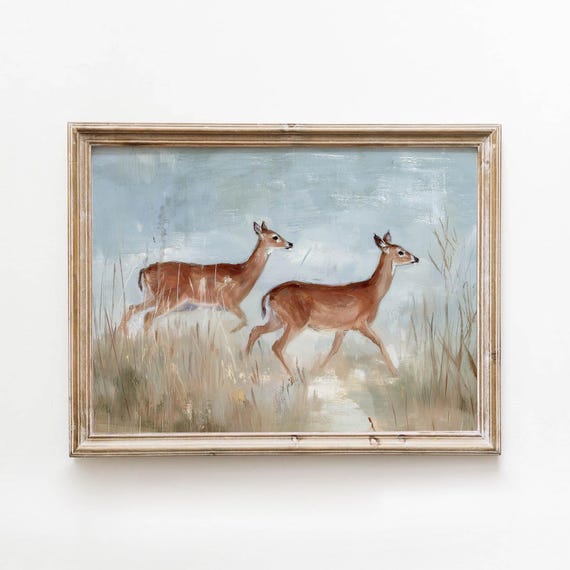 Vintage Deer Meadow Printable Rustic Country Wall Art Neutral Farmhouse Decor Digital Download 516