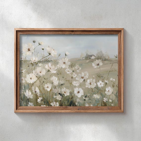 Poster Print Wildflower Meadow Landscape Cottage Rolling Hills Sage Green Cream Dusty Blue Rustic Country Decor 0530