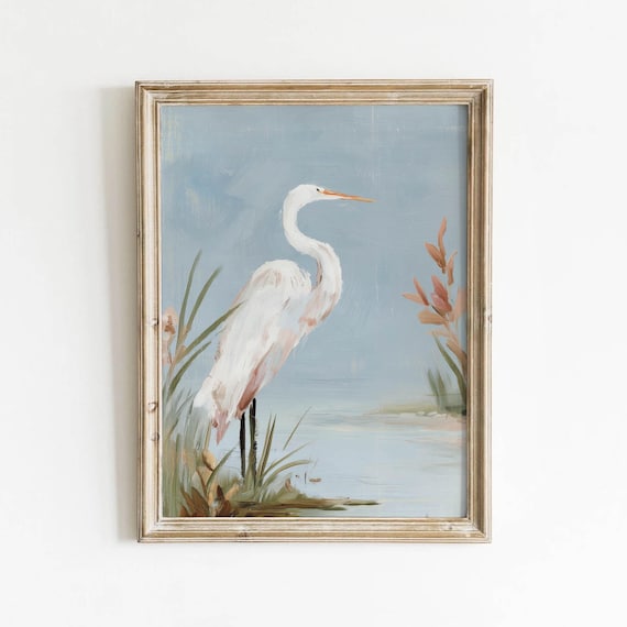 White Egret Printable Muted Coastal Painting Vintage Lakeside Bird Art Serene Water Scene Summer Digital Download 728