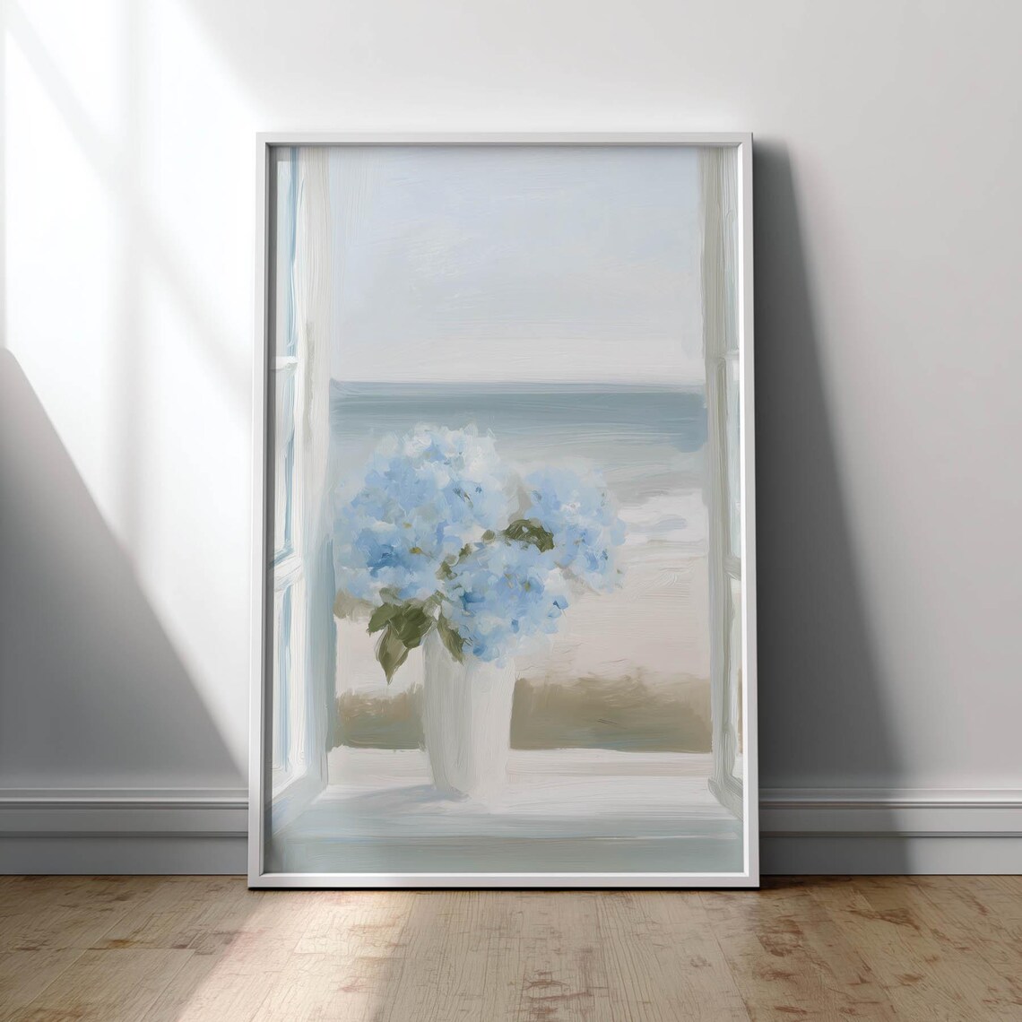 Blue Hydrangeas In White Vase Poster, Coastal Decor