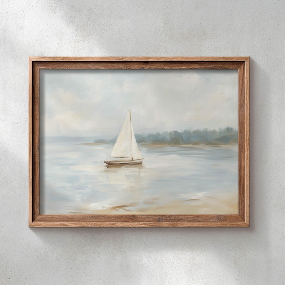Sailboat On Calm Water Soft Coastal Seascape Painting Wall Art