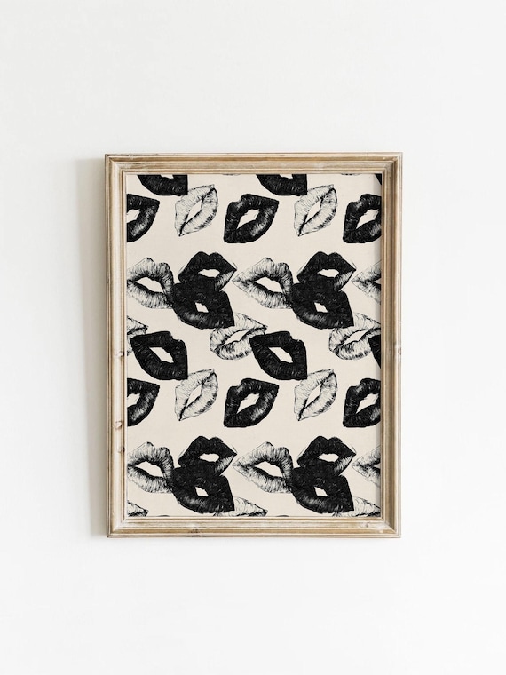 Black Lipstick Kiss Pattern Art Print, Girly Glam