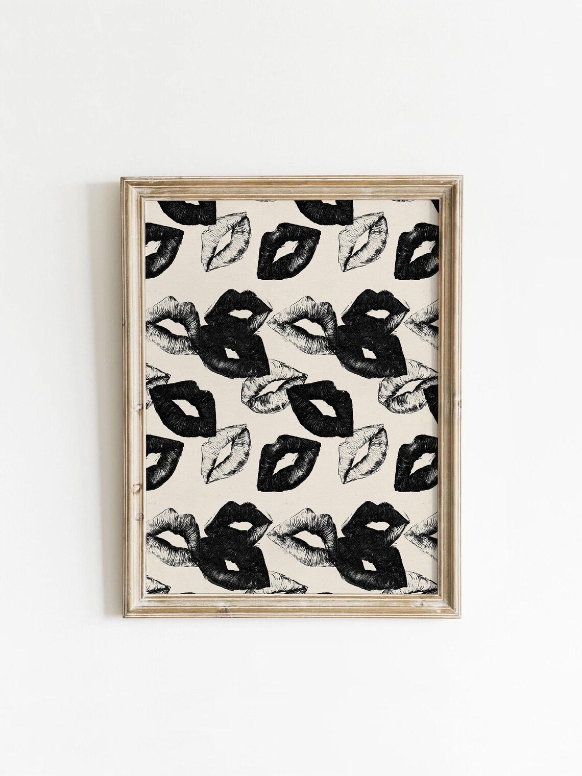 Black Lipstick Kiss Pattern Art Print, Girly Glam