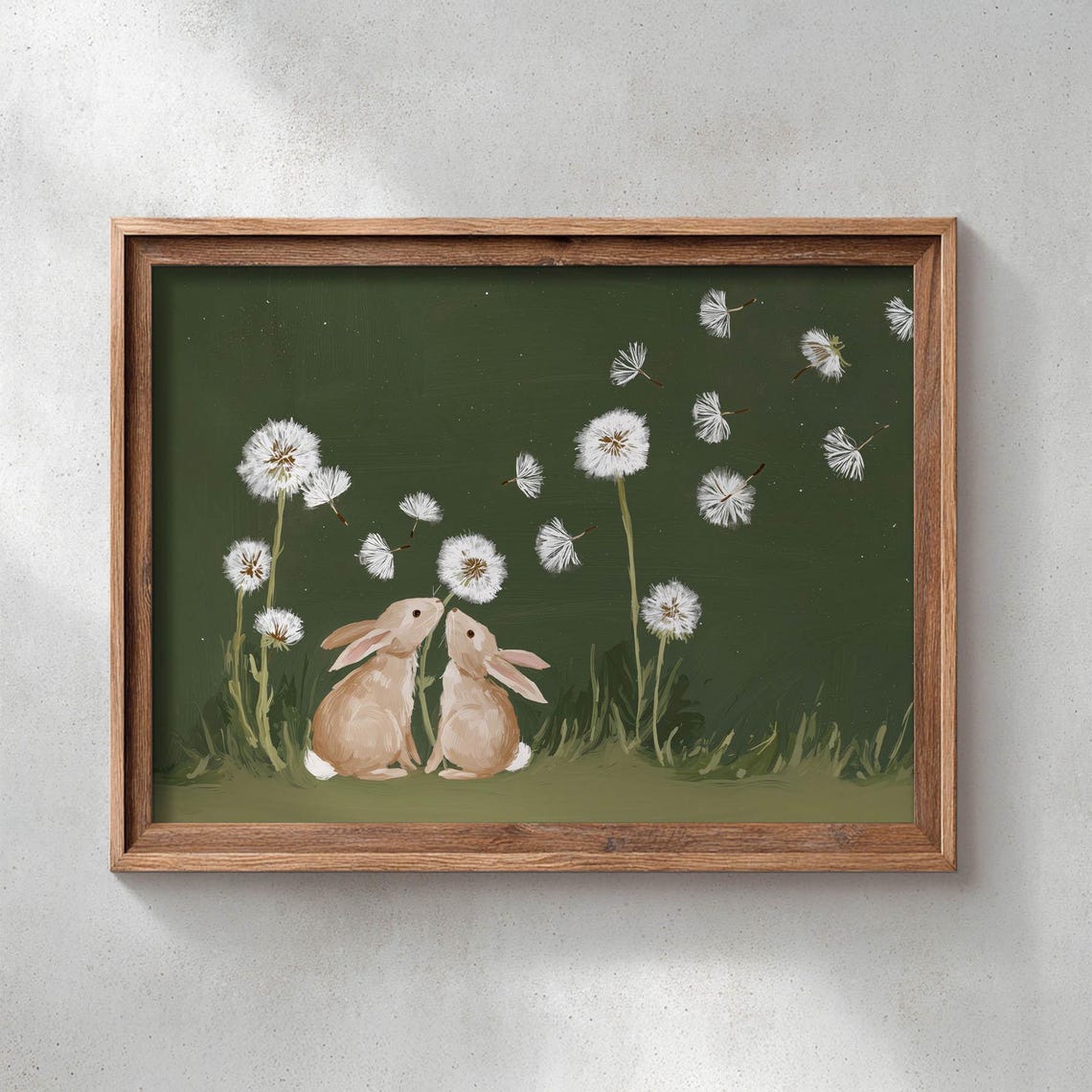 Two Rabbits With Dandelions on Dark Green Cottagecore Poster