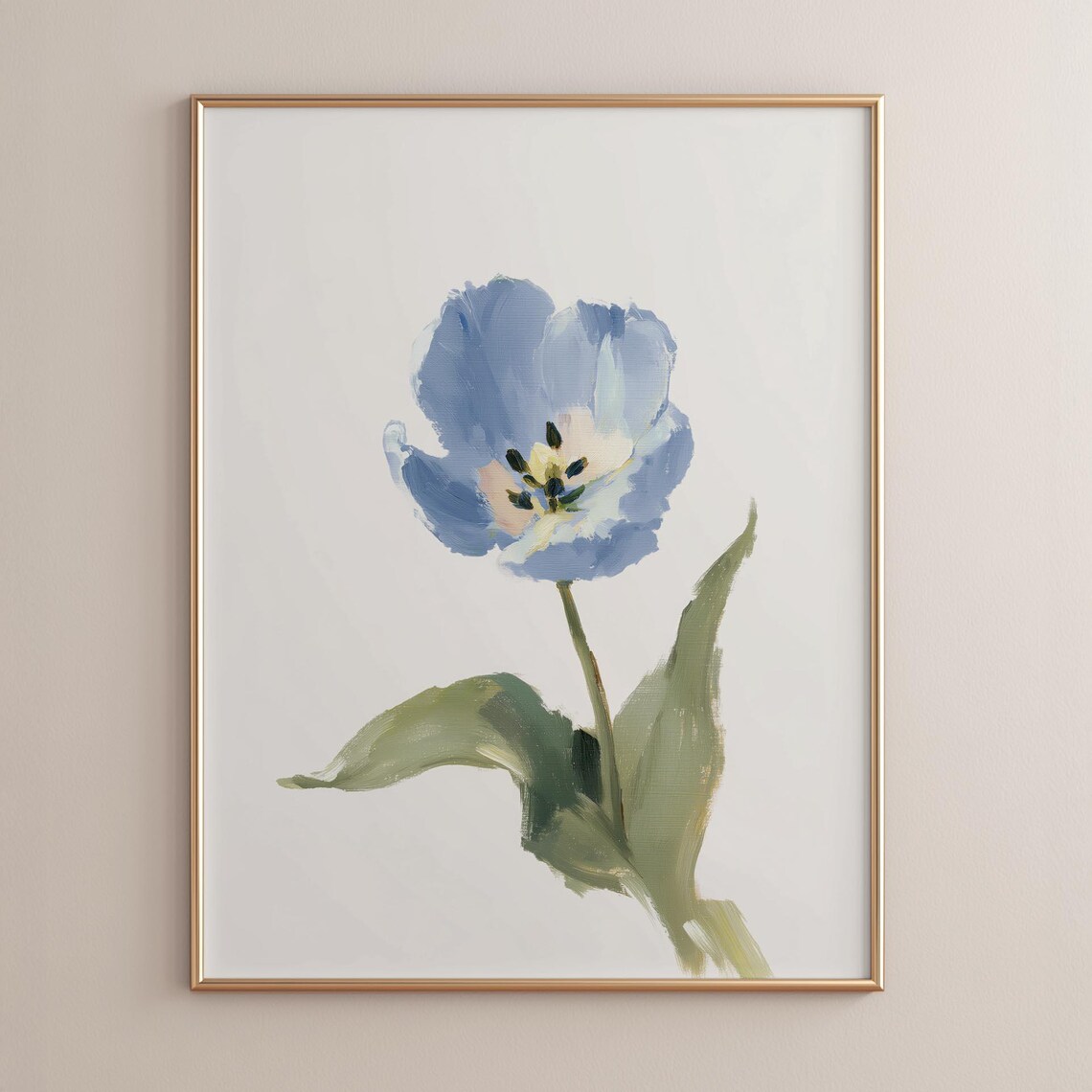 Blue Tulip With Green Leaves, Minimalist Poster Print