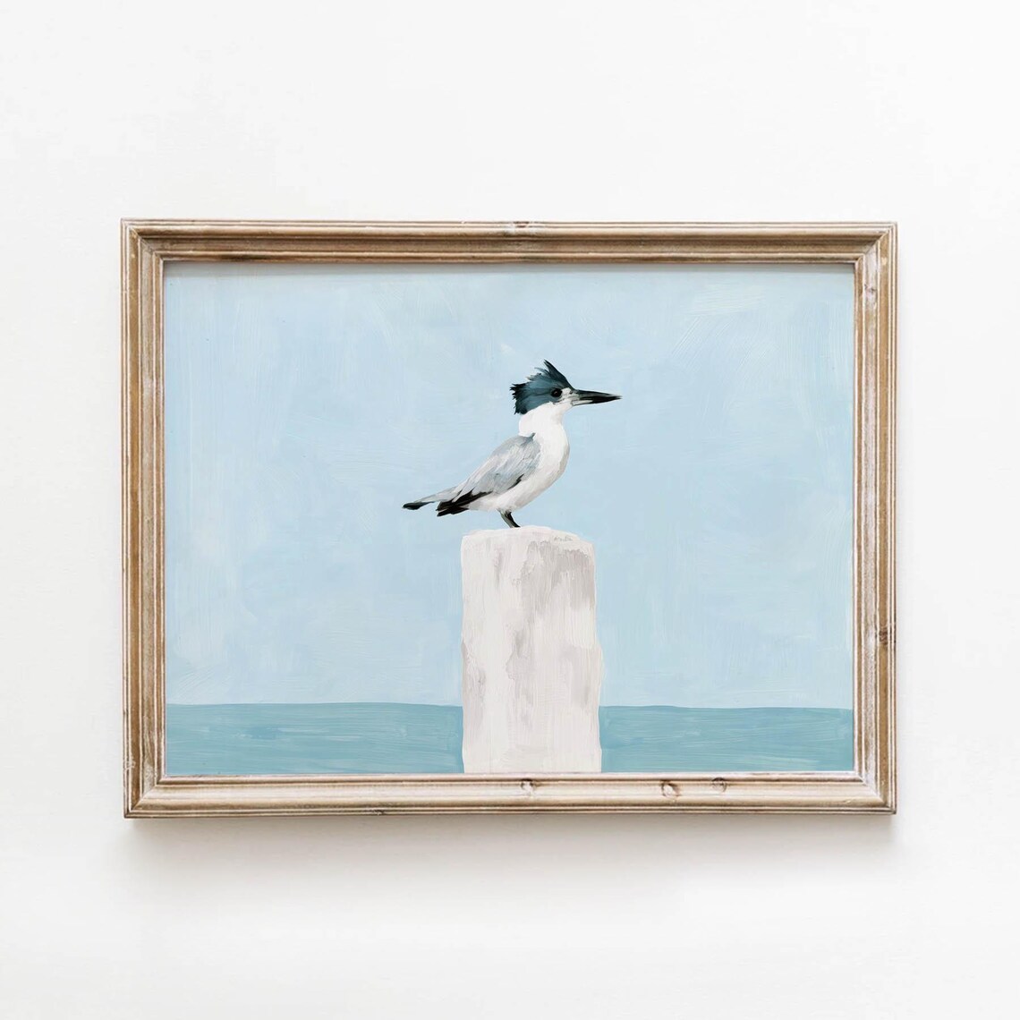 Kingfisher Perched on Dock Post Coastal Watercolor Bird Painting Poster