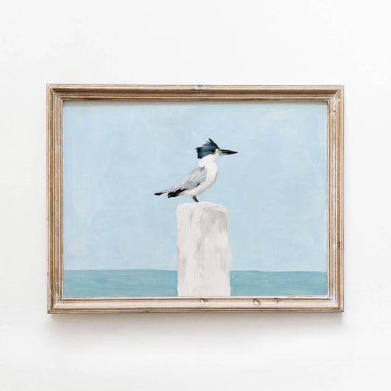 Printable Seabird On Dock Post Coastal Wall Art Serene Beach House Decor Teal Water Pale Blue Sky Landscape Painting Digital Download 724