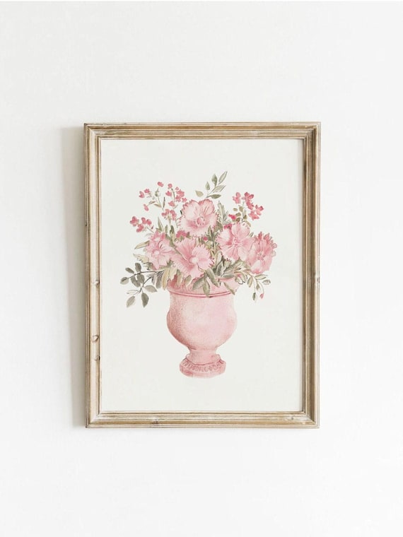 Vintage Pink Flowers Poster, Grandmillennial Floral Decor