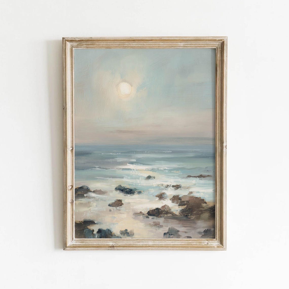 Moonlit Rocky Coastline Soft Blue Gray Seascape Painting Print