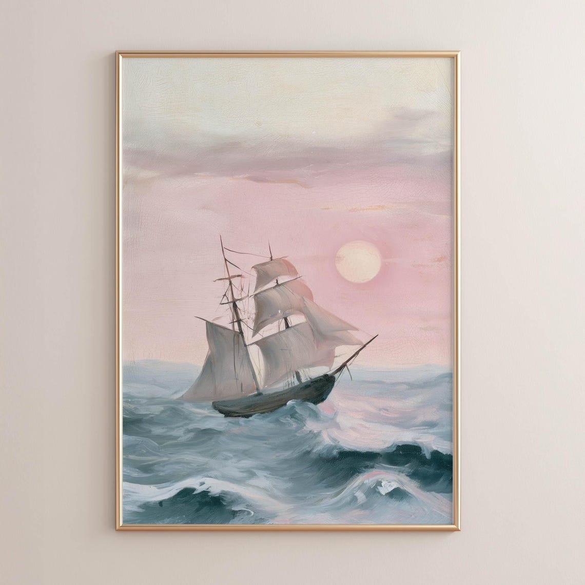 Vintage Sailing Ship At Sunset Romantic Ocean Waves Blush Print Wall