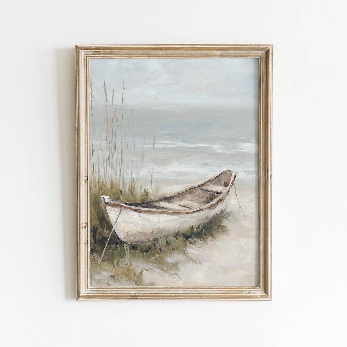 Old Weathered White Rowboat On Shore Muted Coastal Scene Print
