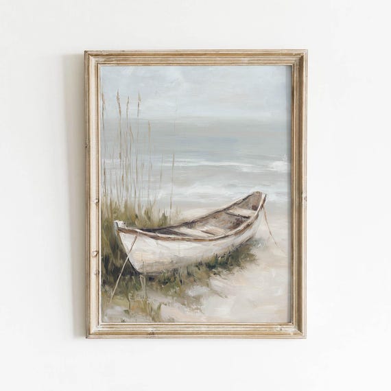 Weathered White Rowboat Printable Coastal Beach Wall Art Vintage Dune Decor Neutral Seaside Muted Sage Download 454