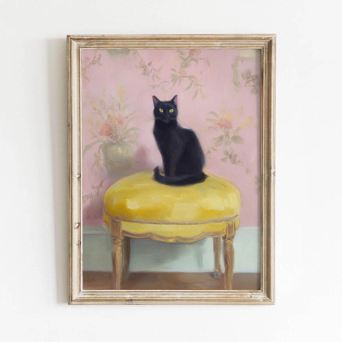 Pastel Black Cat, Vintage Cottagecore Art Print