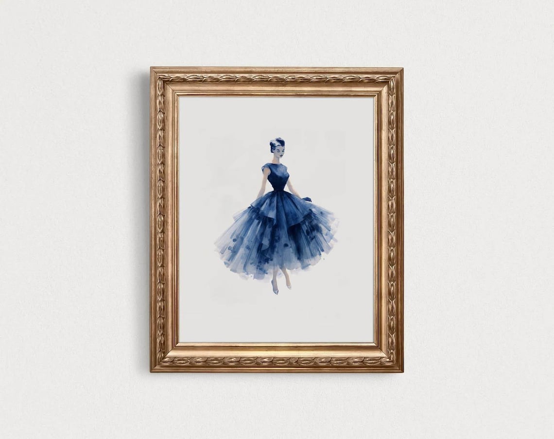 Blue Vintage Fashion Print, Retro Glamour Art Print