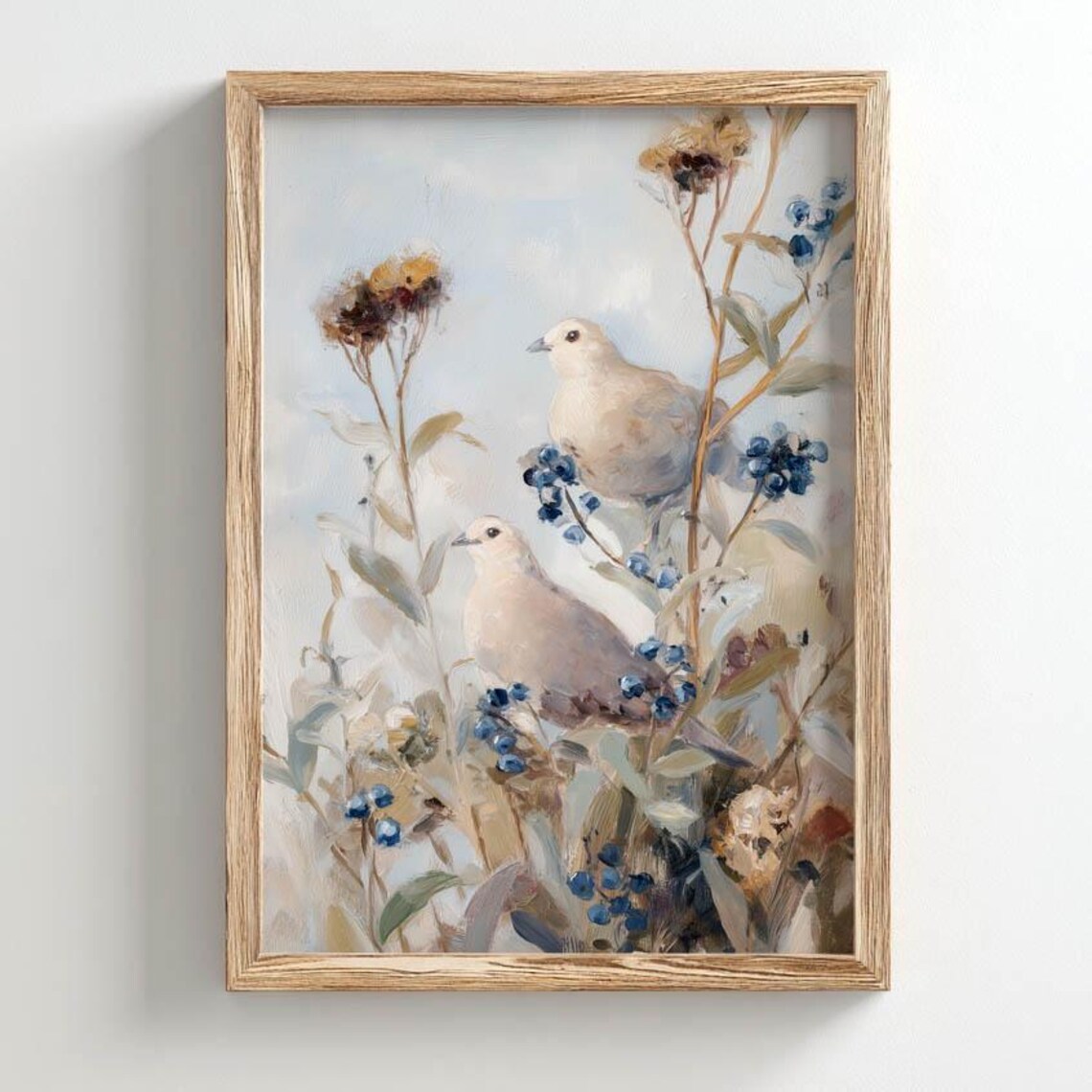 Printed White Doves Among Wildflowers, Poster