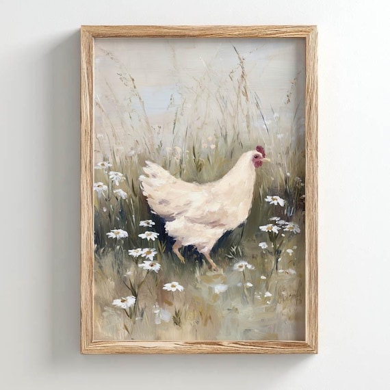 Printed White Hen In Wildflower Meadow Rustic Cottage Wall Art Muted Neutral Palette Vintage Country Poster Earthy Farmstead Scene 0494