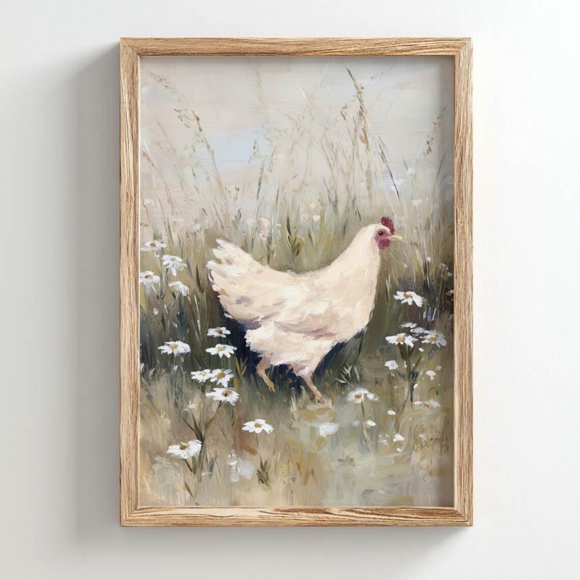 White Hen In Wildflower Meadow Daisy Rustic Farmhouse Poster