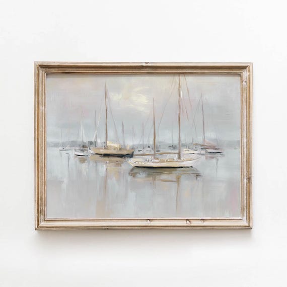 Neutral Sailboats Harbor Printable Calm Coastal Wall Art Muted Gray Cream Nautical Decor Vintage Landscape Painting Digital Download 449