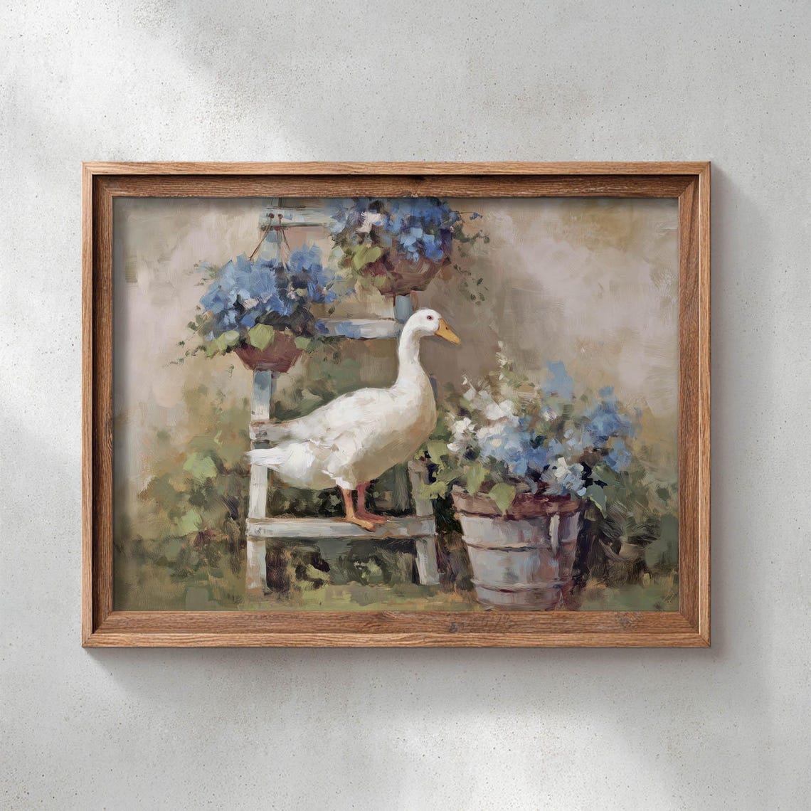 White Goose on a Garden Ladder With Blue Hydrangea Blooms Poster