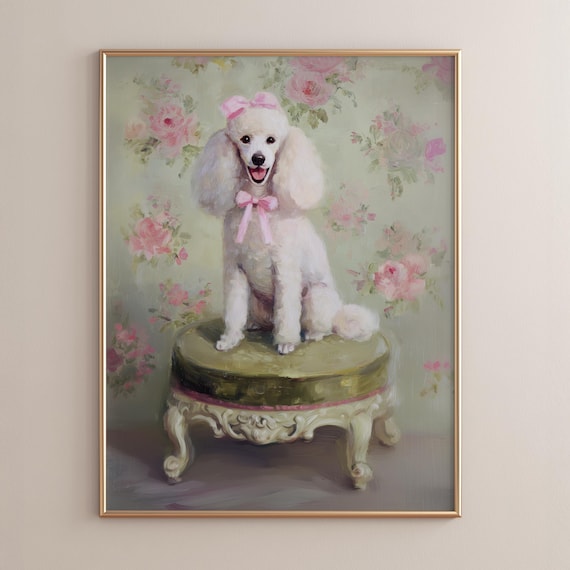 Pink Bow Poodle Portrait Poster Print Charming Vintagestyle Pet Art White Dog On Green Cushion Feminine Cottagecore Decor P191