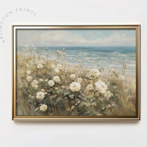 Coastal Wild Roses Overlooking Ocean Vintage Style Art Print