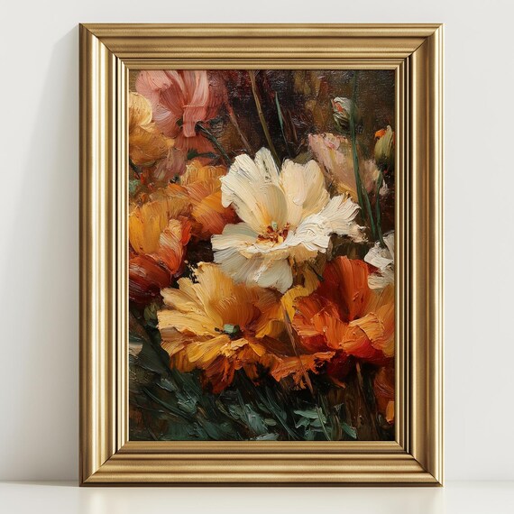 Warm Vintage Style Fall Floral Print Botanical Wall Art Cozy Autumn Farmhouse Decor Big Bold Flowers Poster Home
