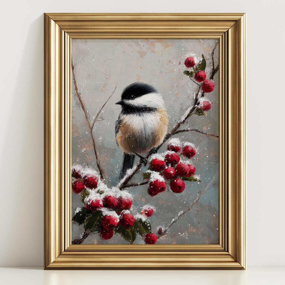 Chickadee Bird Winter Berries Snowy Christmas Nature Art Poster