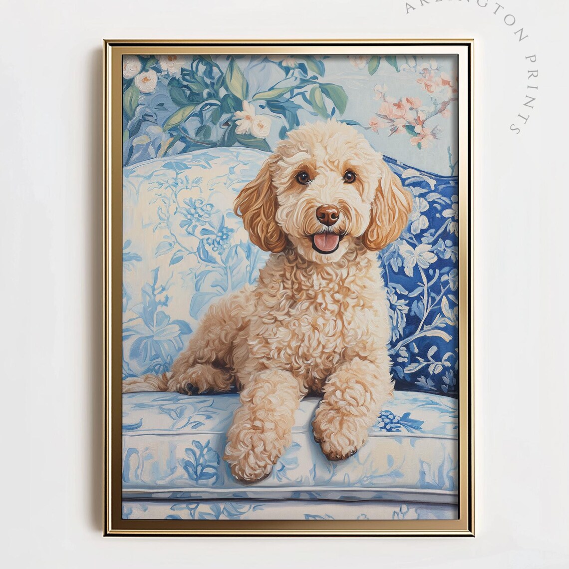 Golden Doodle Puppy On Blue Chinoiserie Floral Couch Dog Poster