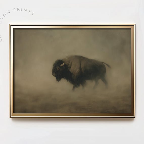 Rustic Buffalo Wall Art Vintage Bison Oil Painting Print Muted Brown Home Decor Neutral Cabin