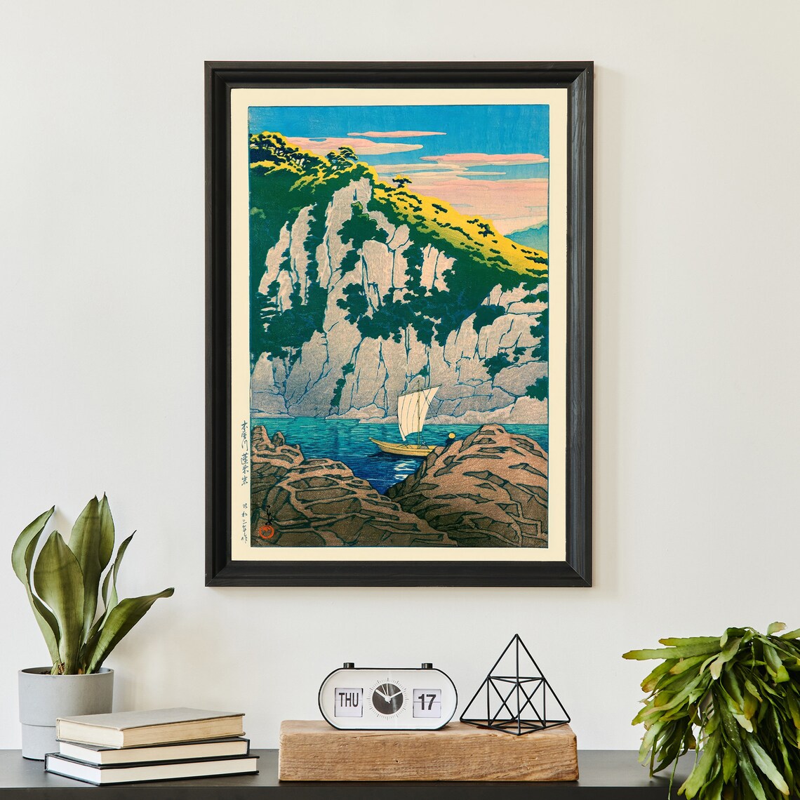 Japanese White Cliffs Sailboat Cove Woodblock Style Sea Poster - Image 2