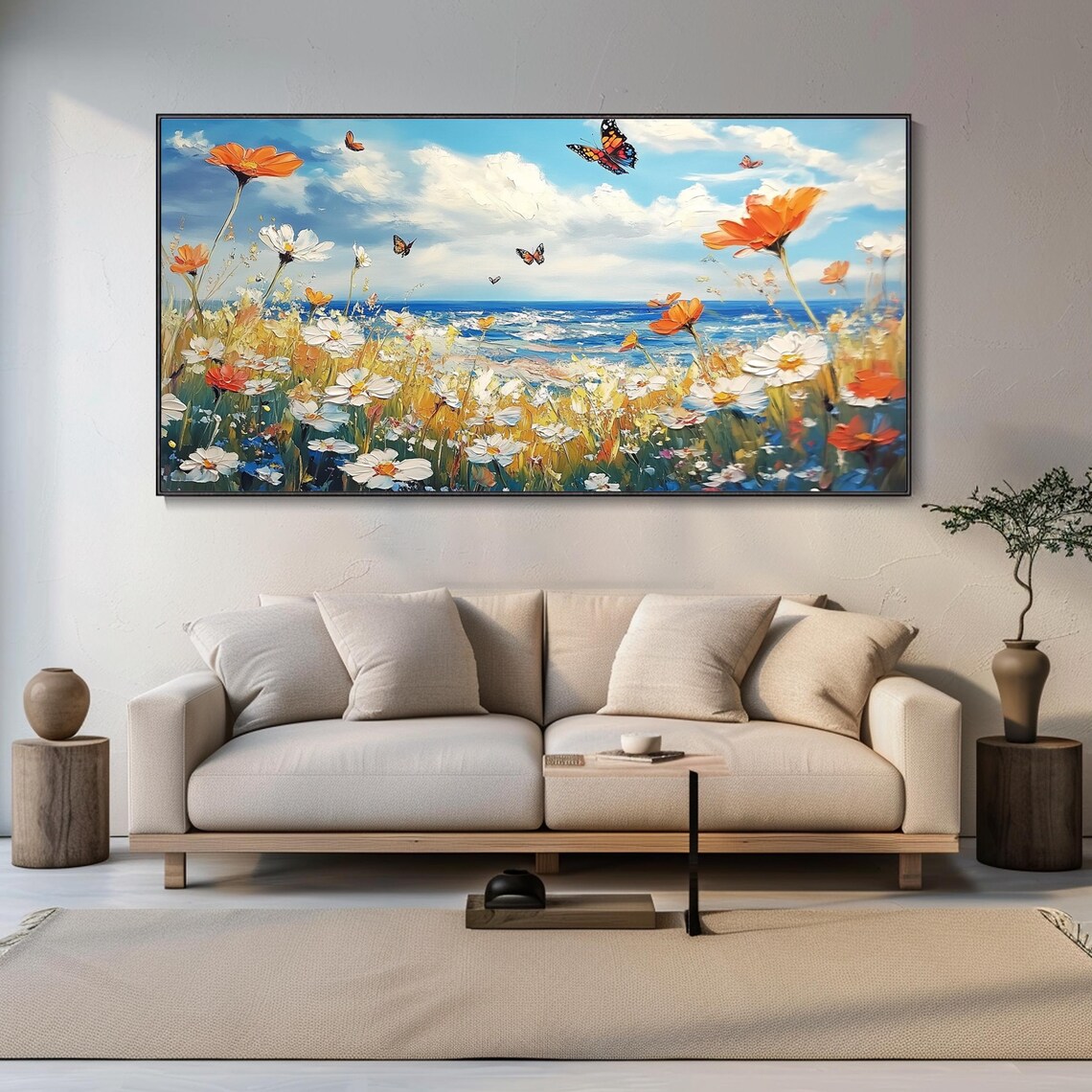 Coastal Wildflower Field Butterflies Ocean Oil Painting Summer Breeze Art Poster - Image 2