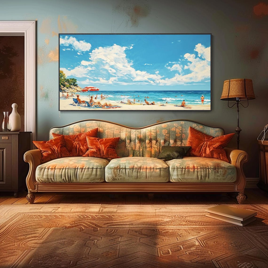 Sunny Beach Day Sunbathers Blue Ocean Seascape Oil Painting Wall Art - Image 3