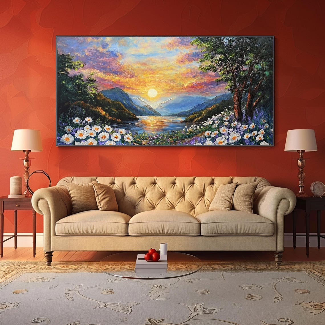 Sunset Mountain Lake Daisy Wildflowers Impasto Oil Painting Wall Art - Image 3