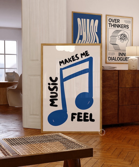 Music Makes Me Feel Big Blue Note Cream Retro Typography Poster