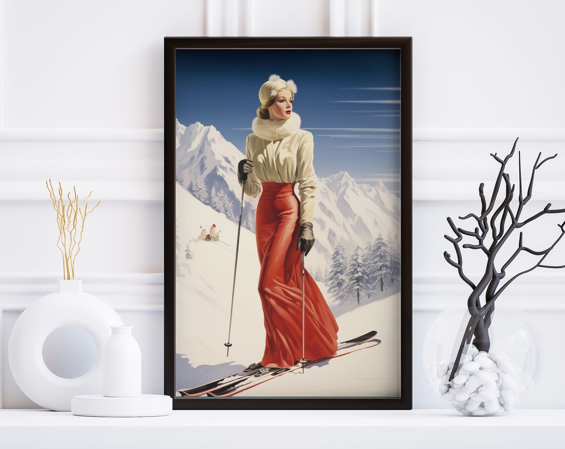 Elegant Ski Lady In Vintage Red Skirt Alpine Mountain Fashion Poster