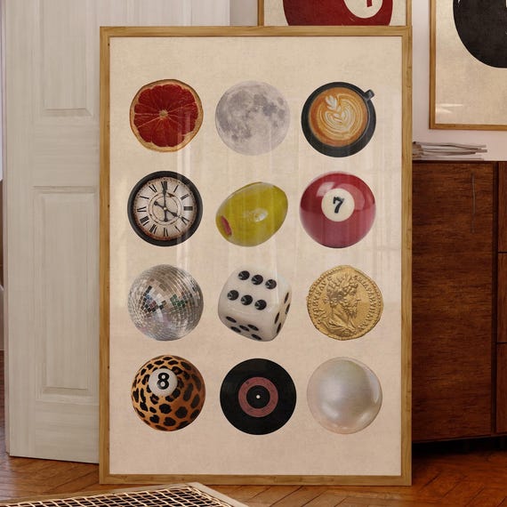 Retro Collage Vintage Poster, Disco Dice Coffee 8 Ball