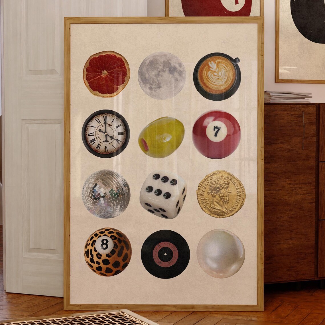 Retro Collage Vintage Poster, Disco Dice Coffee 8 Ball