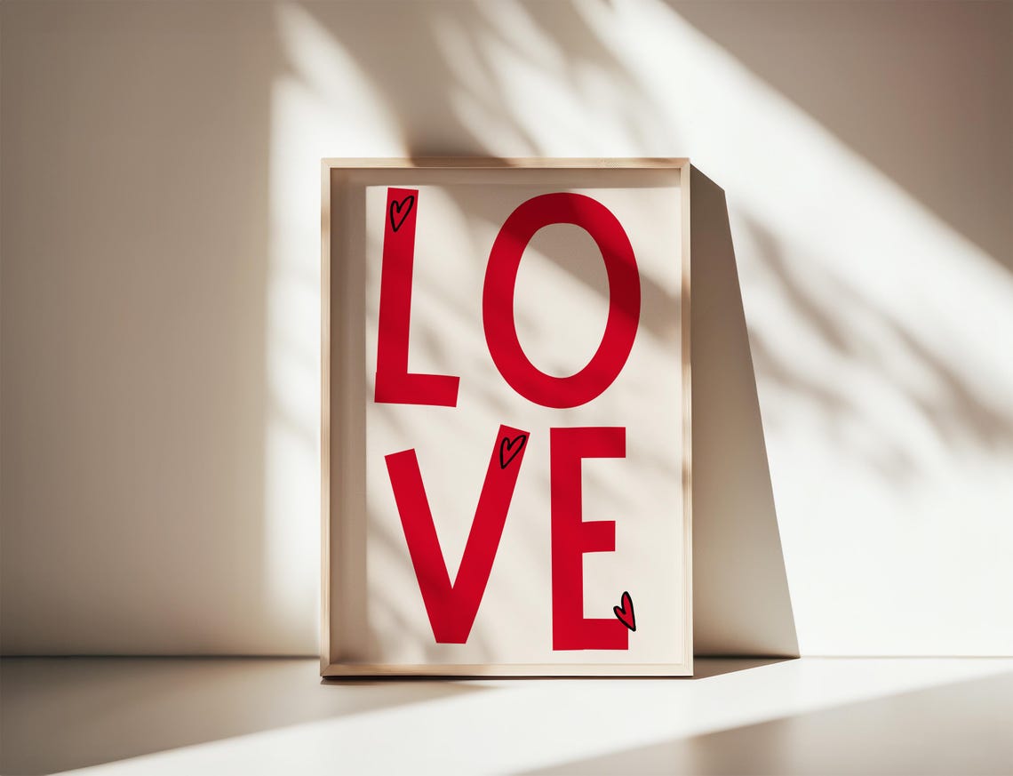 Bold Red Love Stacked Lettering Minimalist Heart Doodle Wall Art