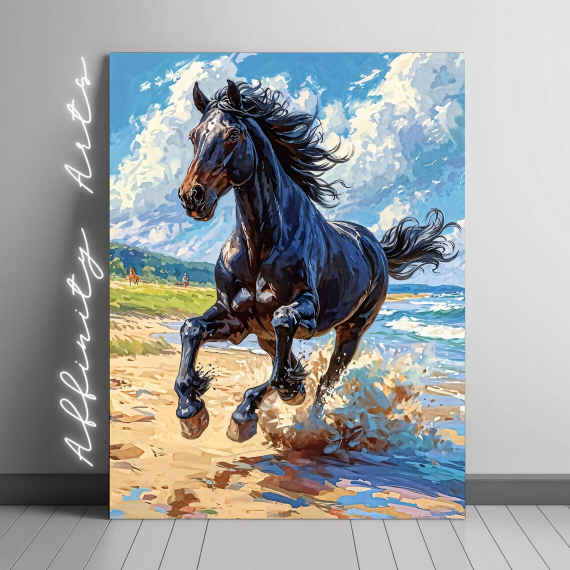 Black Stallion Running On Beach, Horse Art Print