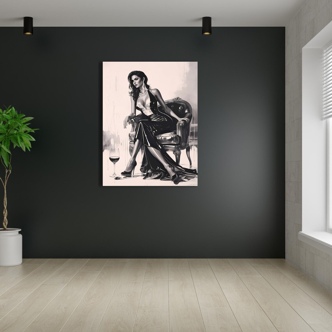 Elegant Woman in Black Dress, Glamorous Fashion Art Print - Image 2