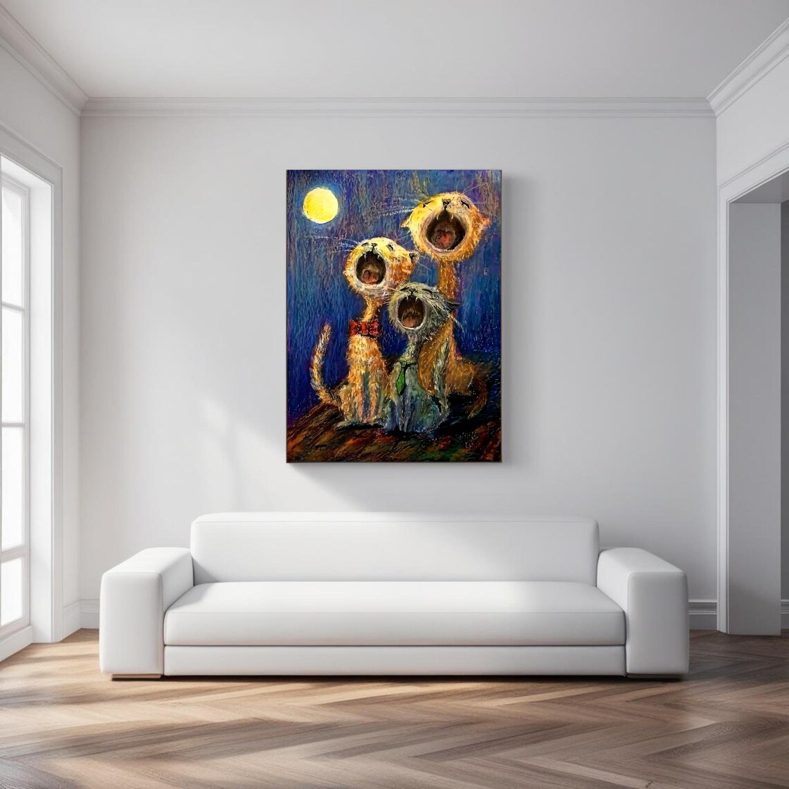 Surreal Cat Art Print, Whimsical Howling At The Moon - Image 3