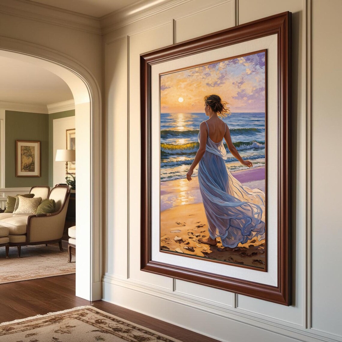 Sunset Beach Woman Walking On Shoreline, Poster Print - Image 4