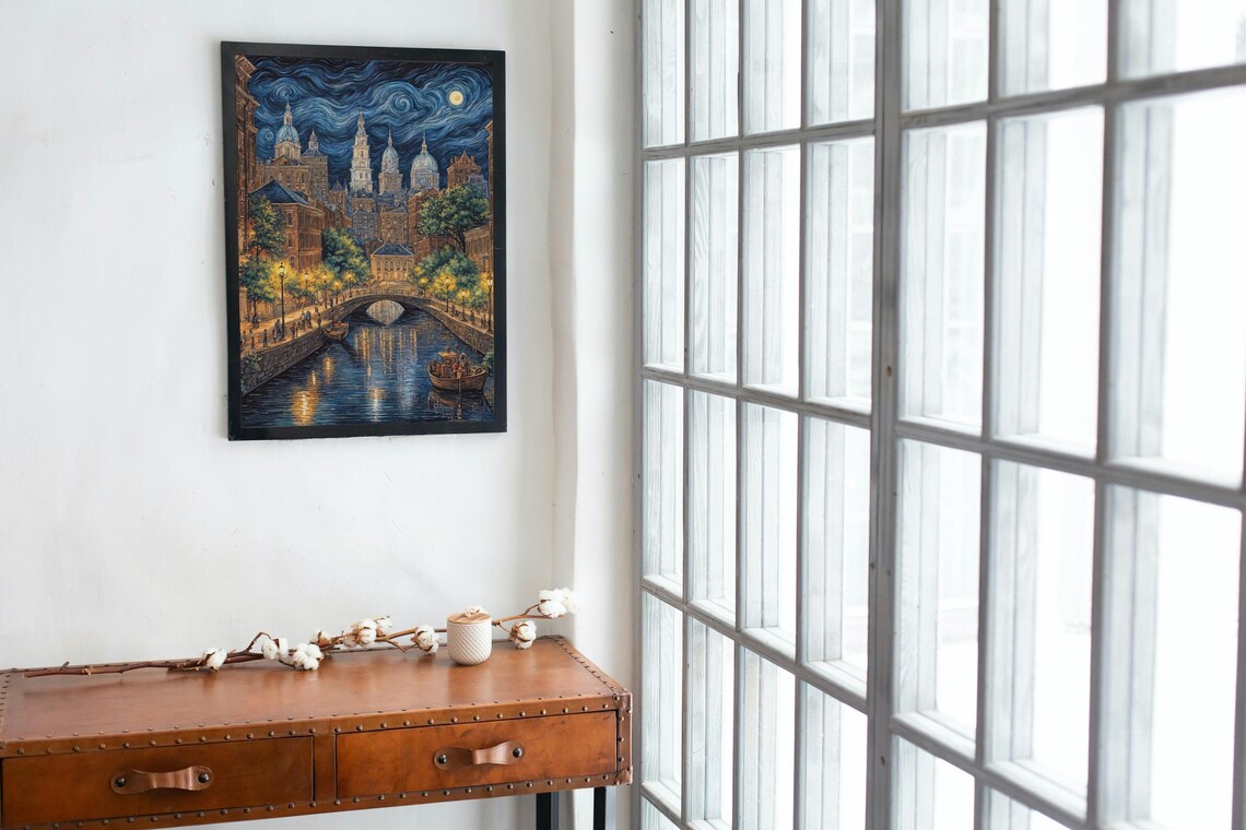 Starry Night Cityscape, Van Gogh Inspired Canal Scene - Image 4