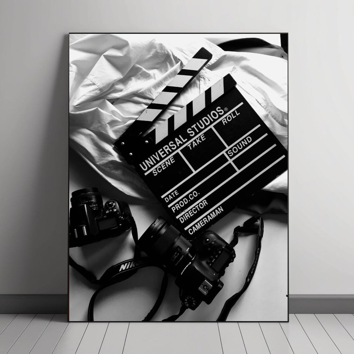 Black And White Film Slate With Cameras, Cinematic Art Print