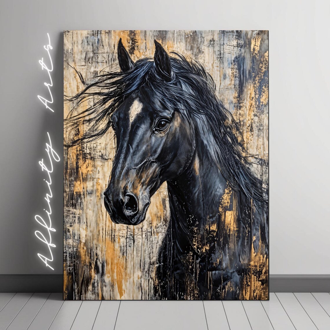 Wild Black Horse Painting, Modern Abstract Equine Art