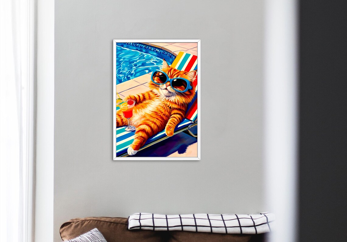 Poolside Cat Funny Summer Cat Art Print - Image 3