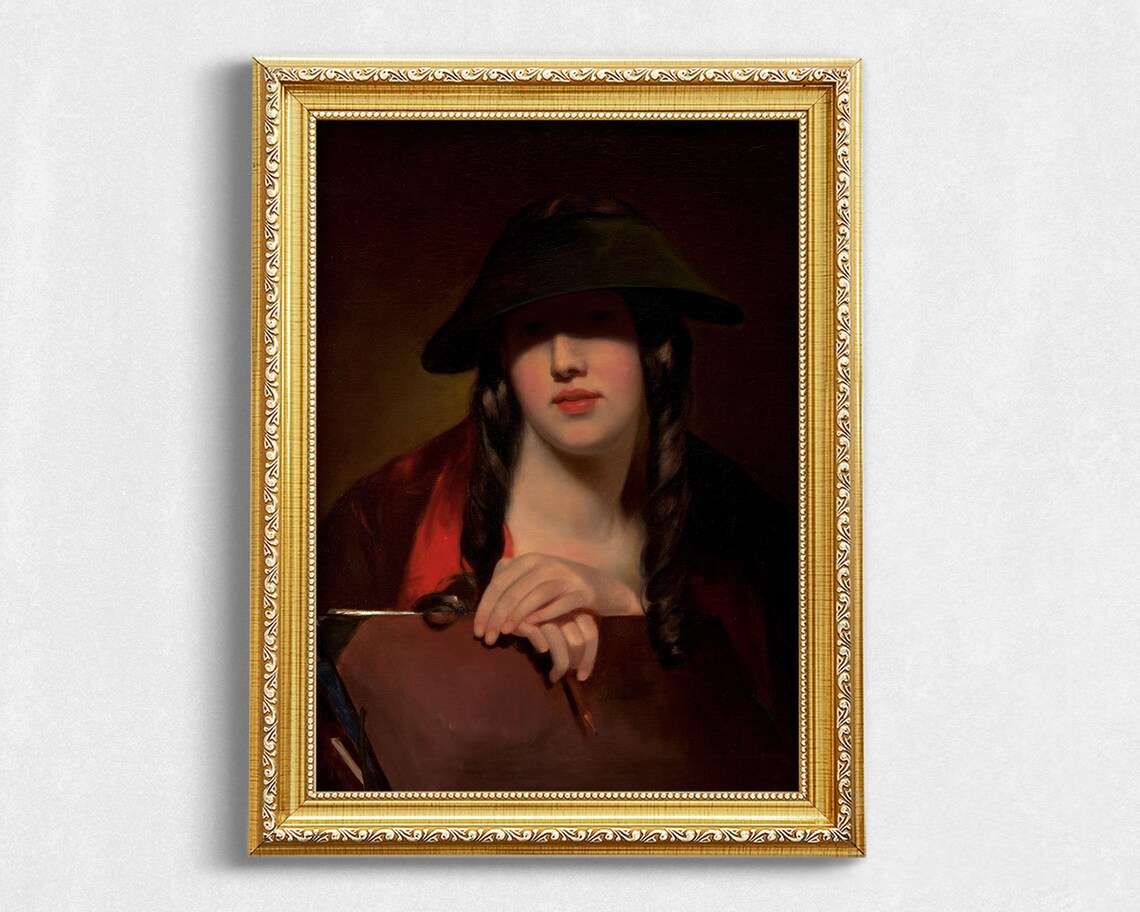Young Woman Dark Hat Shadowed Eyes Moody Antique Portrait Oil Painting - Image 2