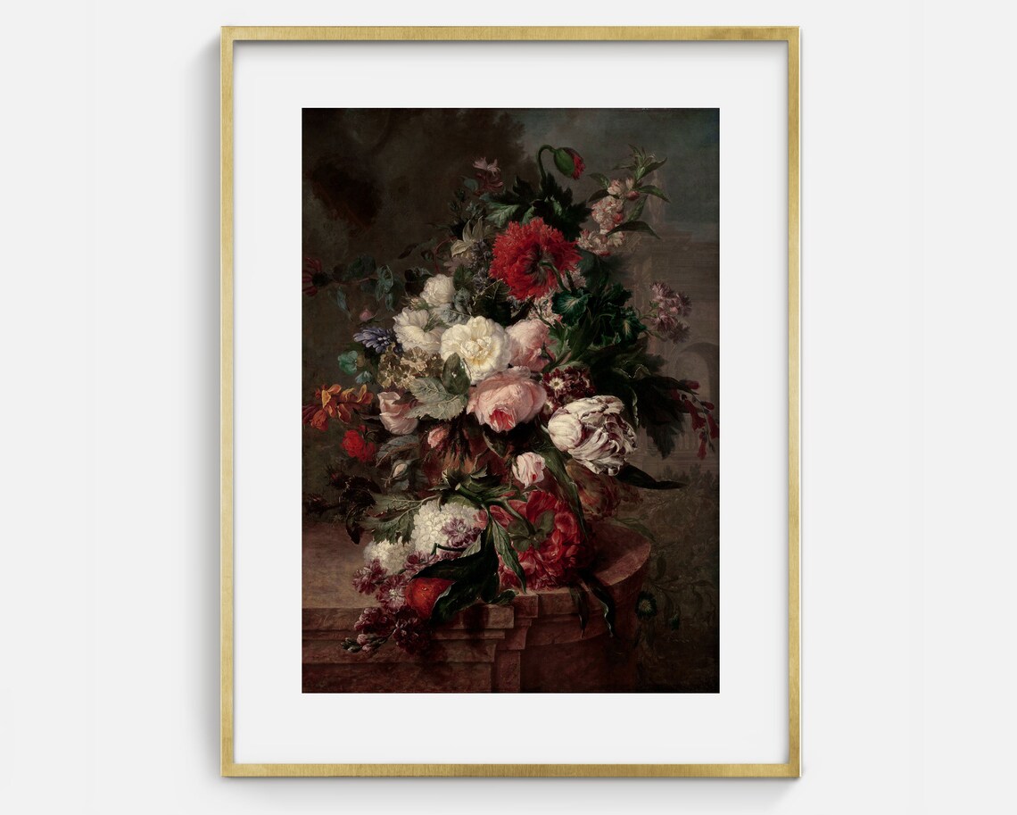 Peonies Roses Stone Pedestal Moody Dark Floral Bouquet Art Poster - Image 2
